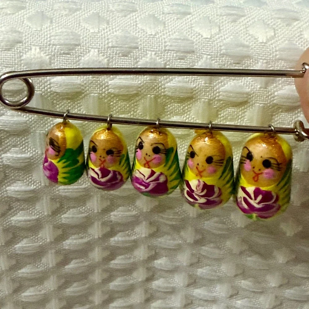 Vintage Russian Matryoshka Nesting Doll Safety Pin Brooch Yellow Hand Painted 3